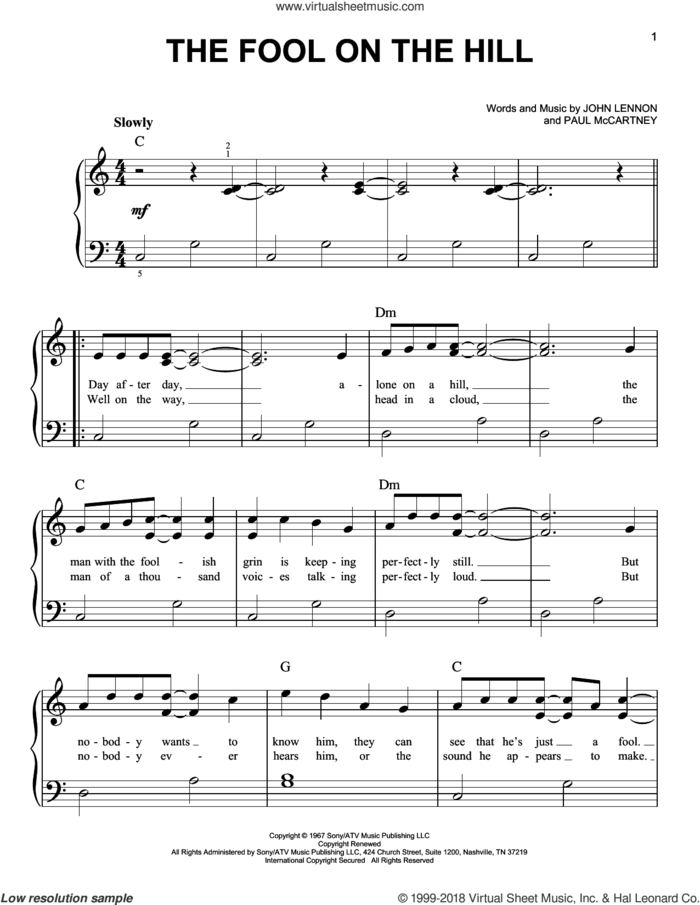 The Fool On The Hill, (beginner) sheet music for piano solo by The Beatles, John Lennon and Paul McCartney, beginner skill level