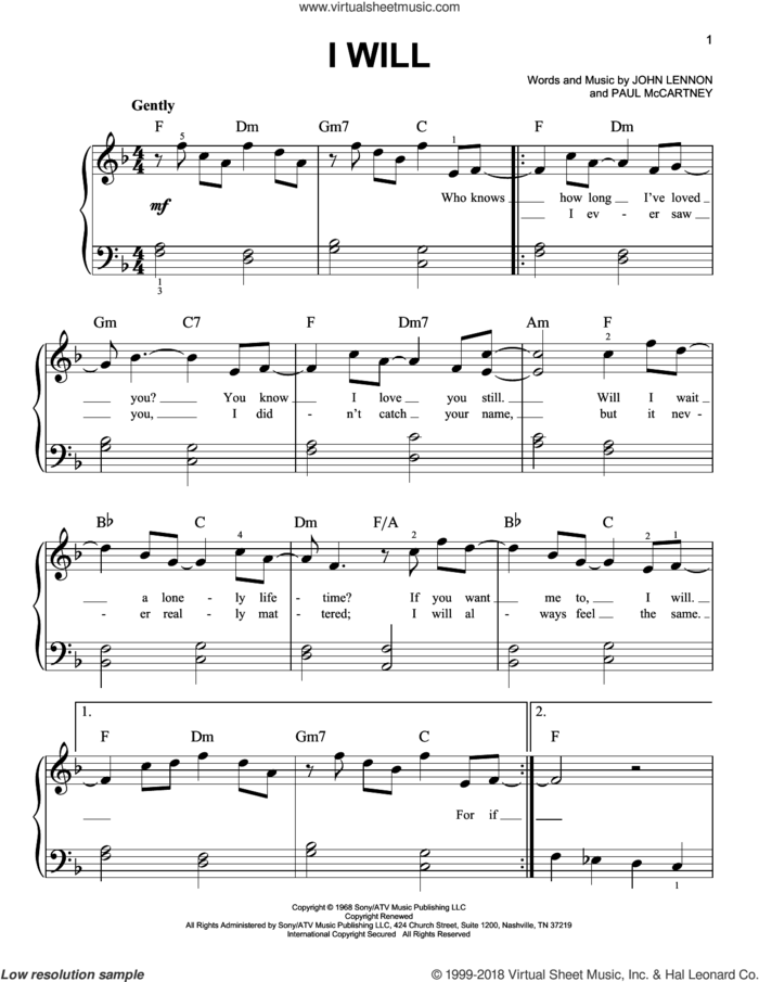 I Will, (beginner) sheet music for piano solo by The Beatles, John Lennon and Paul McCartney, beginner skill level