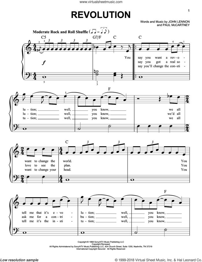Revolution sheet music for piano solo by The Beatles, John Lennon and Paul McCartney, beginner skill level