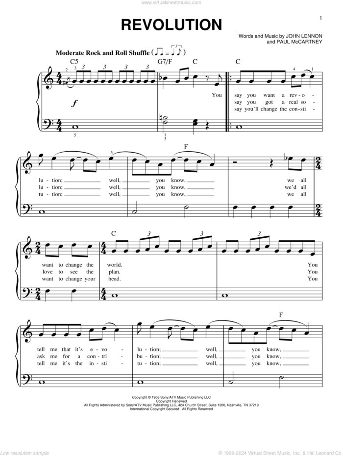 Revolution sheet music for piano solo by The Beatles, John Lennon and Paul McCartney, beginner skill level