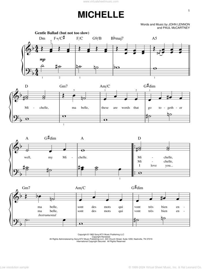 Michelle sheet music for piano solo by The Beatles, John Lennon and Paul McCartney, beginner skill level