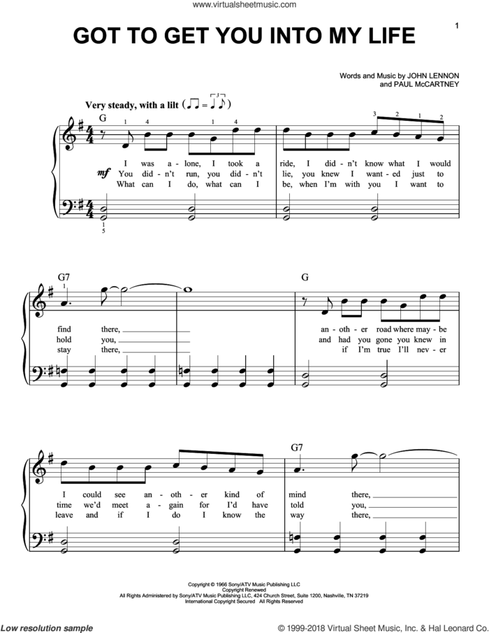 Got To Get You Into My Life sheet music for piano solo by The Beatles, John Lennon and Paul McCartney, beginner skill level