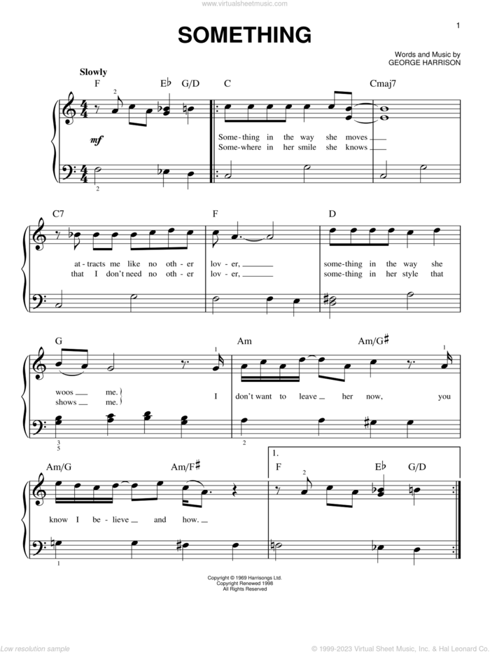 Something, (beginner) sheet music for piano solo by The Beatles and George Harrison, beginner skill level