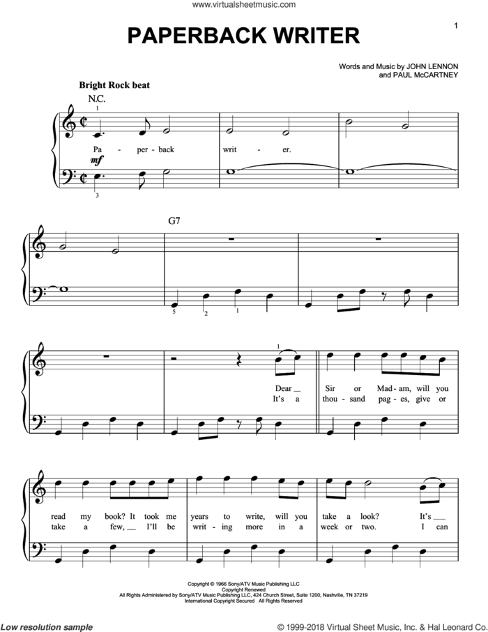 Paperback Writer, (beginner) sheet music for piano solo by The Beatles, John Lennon and Paul McCartney, beginner skill level