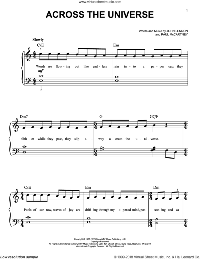 Across The Universe, (beginner) sheet music for piano solo by The Beatles, John Lennon and Paul McCartney, beginner skill level