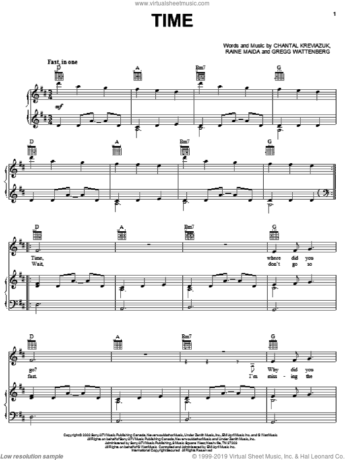 Time sheet music for voice, piano or guitar by Chantal Kreviazuk, Gregg Wattenberg and Raine Maida, intermediate skill level