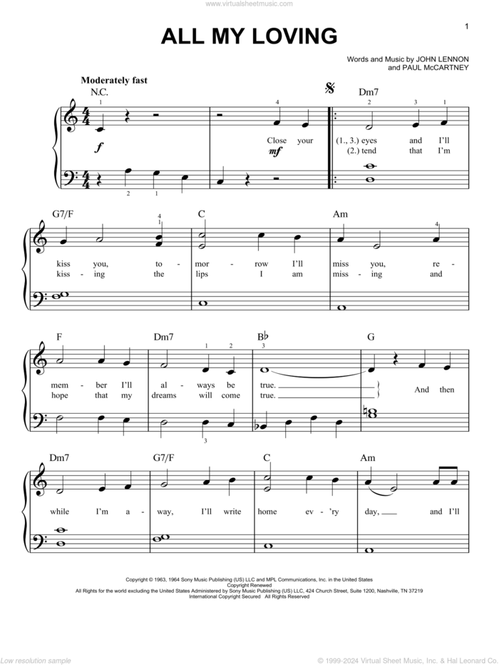 All My Loving sheet music for piano solo by The Beatles, John Lennon and Paul McCartney, beginner skill level