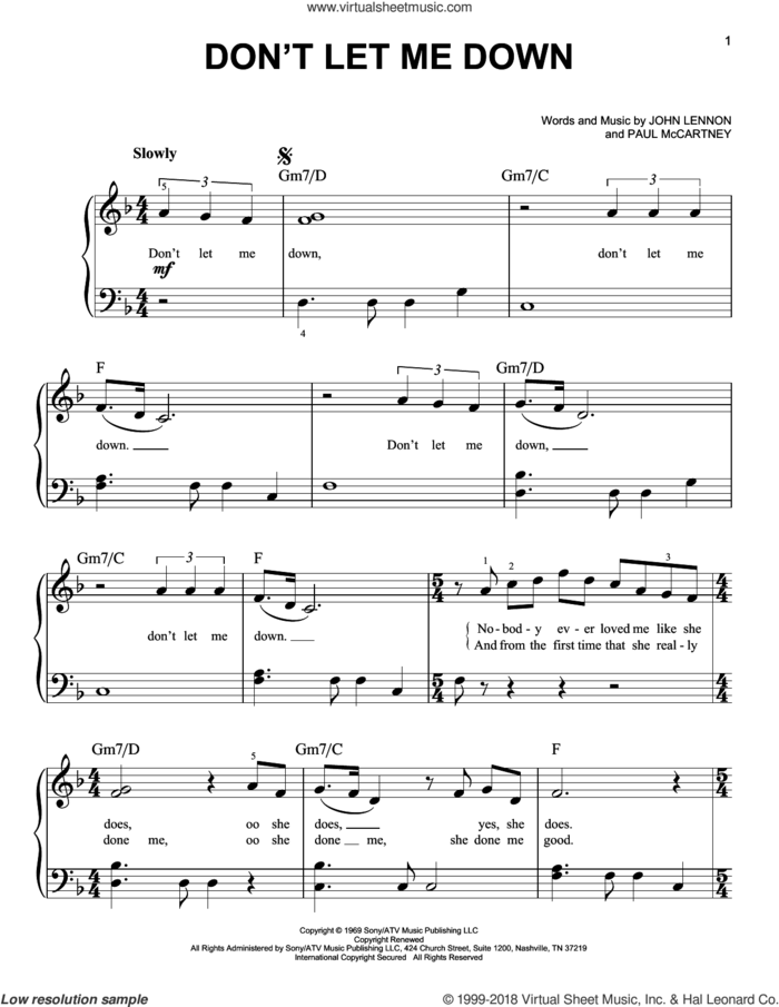 Don't Let Me Down sheet music for piano solo by The Beatles, John Lennon and Paul McCartney, beginner skill level