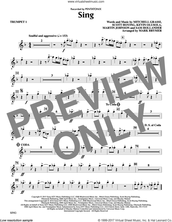 Sing (arr. Mark Brymer) (complete set of parts) sheet music for orchestra/band by Mark Brymer, Kevin Olusola, Martin Johnson, Mitchell Grassi, Pentatonix, Sam Hollander and Scott Hoying, intermediate skill level