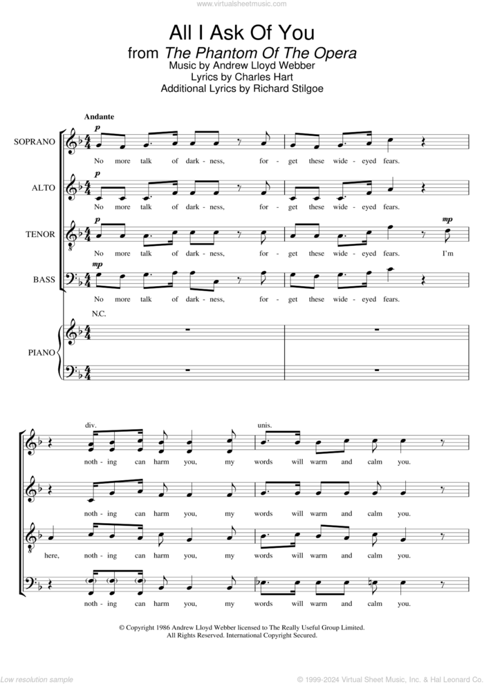 All I Ask Of You (from The Phantom Of The Opera) (arr. Barrie Carson Turner) sheet music for choir (SATB: soprano, alto, tenor, bass) by Andrew Lloyd Webber, Barrie Carson Turner, Charles Hart and Richard Stilgoe, wedding score, intermediate skill level