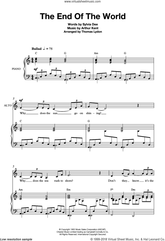 The End Of The World (Arr. Thomas Lydon) sheet music for choir by Skeeter Davis, Susan Boyle, Arthur Kent and Sylvia Dee, intermediate skill level