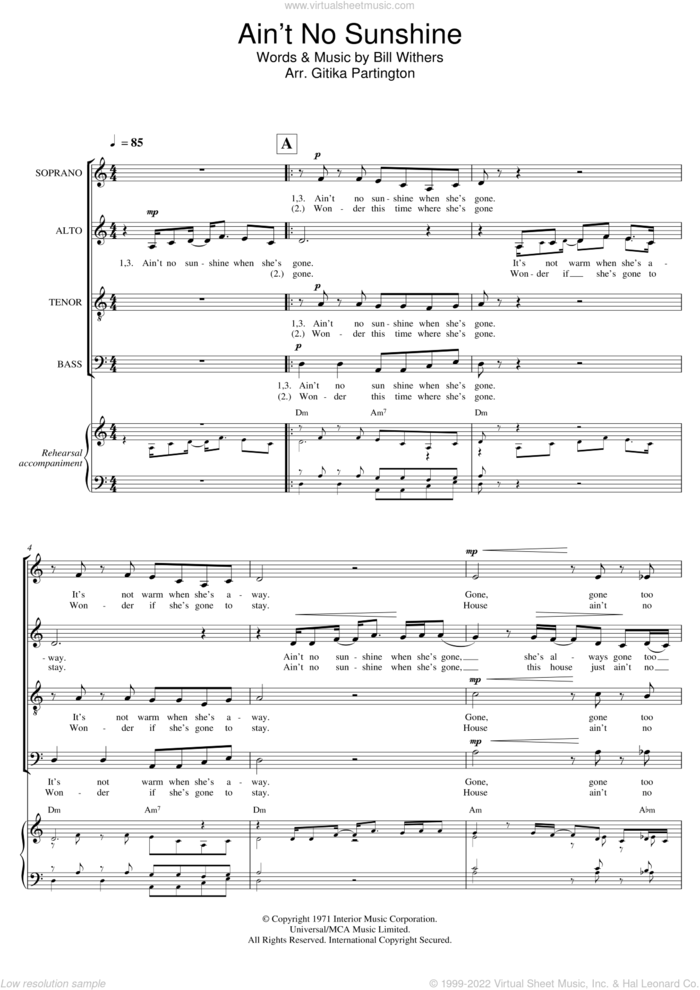 Ain't No Sunshine (Arr. Gitika Partington) sheet music for choir by Bill Withers and Gitika Partington, intermediate skill level
