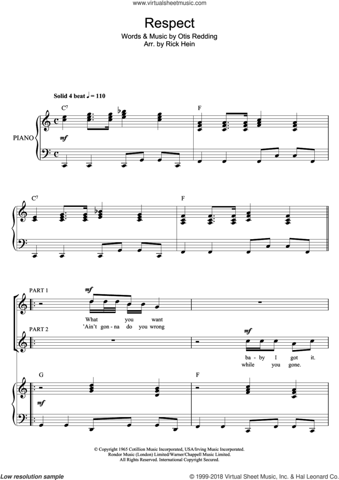 Respect (Arr. Rick Hein) sheet music for choir by Aretha Franklin, Rick Hein and Otis Redding, intermediate skill level
