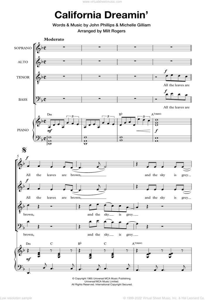 California Dreamin' (Arr. Milt Rogers) sheet music for choir by The Mamas & The Papas, The Mamas And Papas, John Phillips and Michelle Gilliam, intermediate skill level