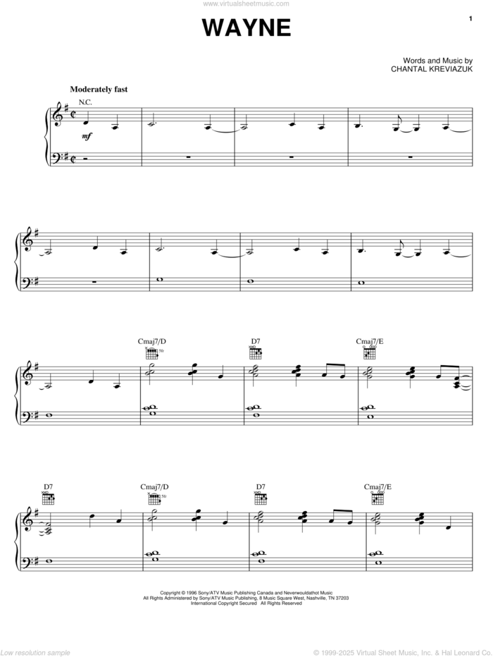 Wayne sheet music for voice, piano or guitar by Chantal Kreviazuk, intermediate skill level