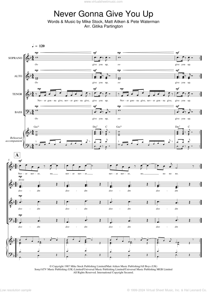 Never Gonna Give You Up (Arr. Gitika Partington) sheet music for choir by Rick Astley, Gitika Partington, Matt Aitken, Mike Stock and Pete Waterman, intermediate skill level