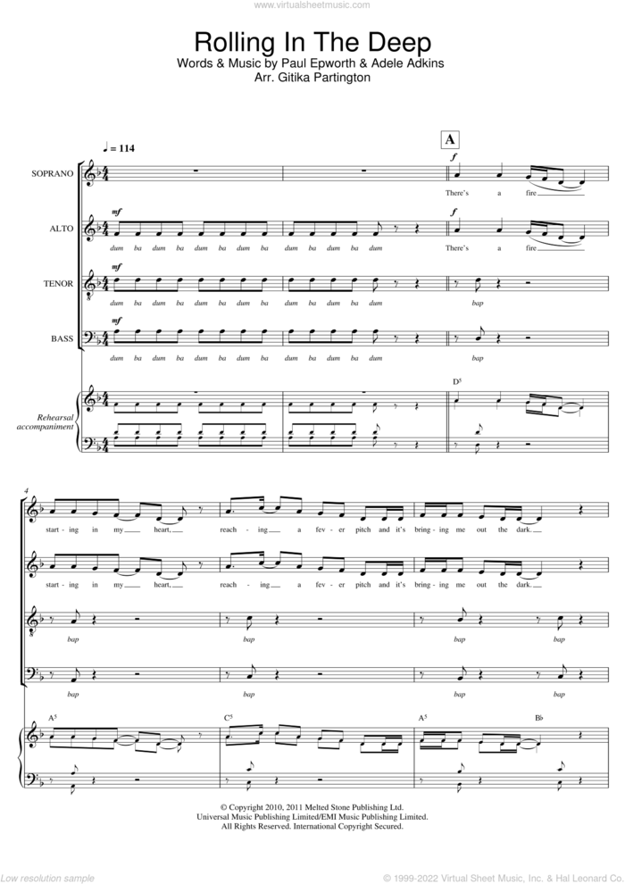 Rolling In The Deep (Arr. Gitika Partington) sheet music for choir by Adele, Gitika Partington, Adele Adkins and Paul Epworth, intermediate skill level