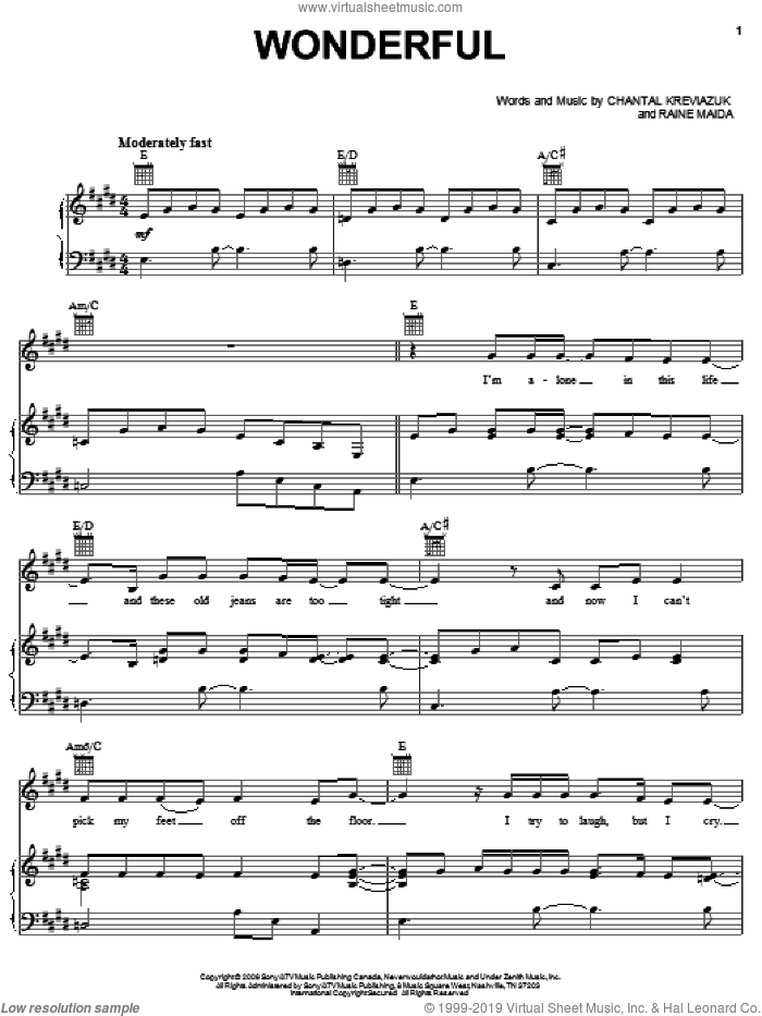 Wonderful sheet music for voice, piano or guitar by Chantal Kreviazuk and Raine Maida, intermediate skill level