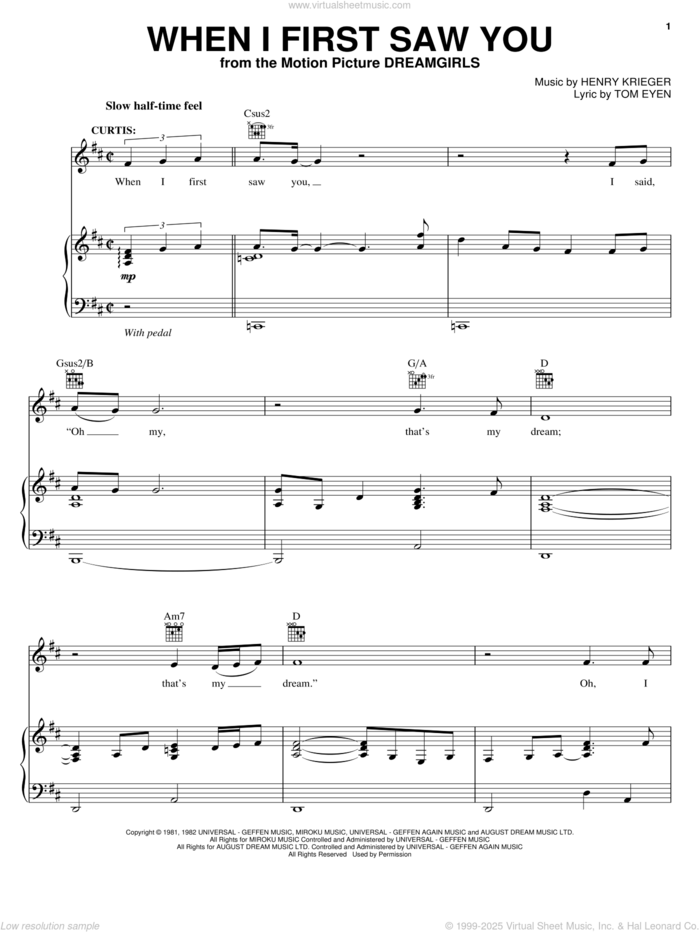 When I First Saw You sheet music for voice, piano or guitar by Jamie Foxx, Dreamgirls (Movie), Henry Krieger and Tom Eyen, intermediate skill level