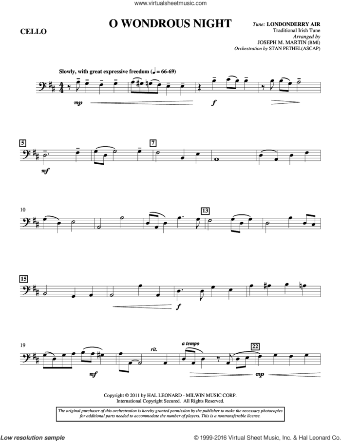 O Wondrous Night sheet music for orchestra/band (cello) by Joseph M. Martin and Traditional Irish Tune, intermediate skill level