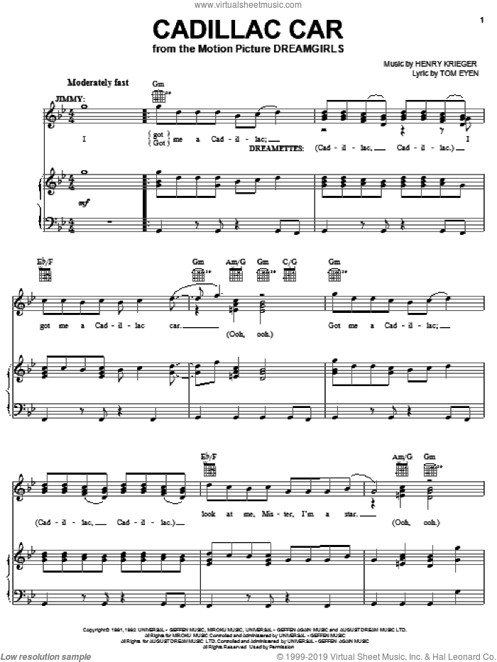 Cadillac Car sheet music for voice, piano or guitar by Tom Eyen, Dreamgirls (Movie) and Henry Krieger, intermediate skill level