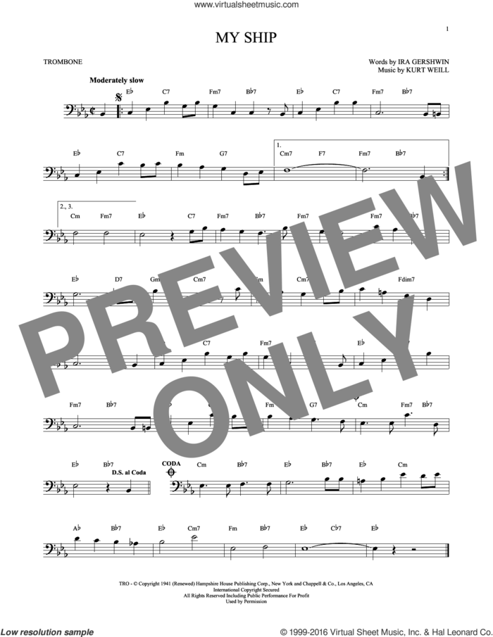 My Ship sheet music for trombone solo by Ira Gershwin and Kurt Weill, intermediate skill level
