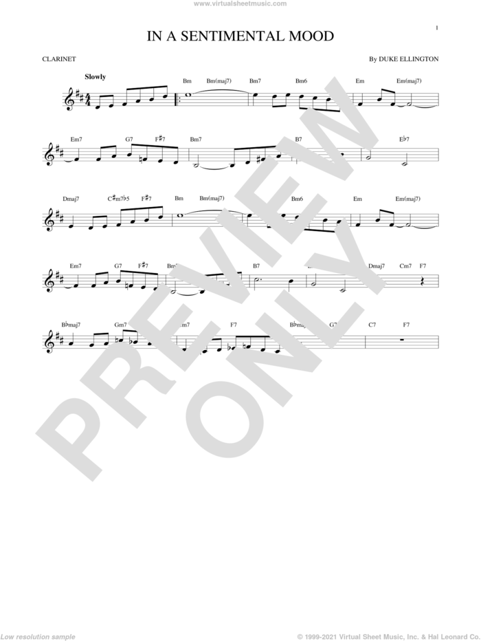 In A Sentimental Mood sheet music for clarinet solo by Duke Ellington, Irving Mills and Manny Kurtz, intermediate skill level