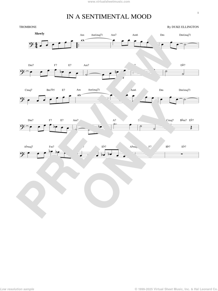 In A Sentimental Mood sheet music for trombone solo by Duke Ellington, Irving Mills and Manny Kurtz, intermediate skill level