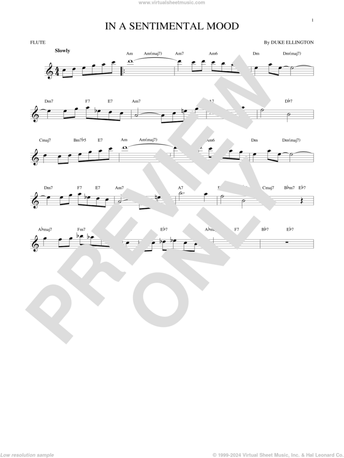 In A Sentimental Mood sheet music for flute solo by Duke Ellington, Irving Mills and Manny Kurtz, intermediate skill level