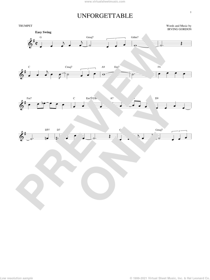 Unforgettable sheet music for trumpet solo by Irving Gordon, Dinah Washington, Nat King Cole and Natalie Cole, intermediate skill level