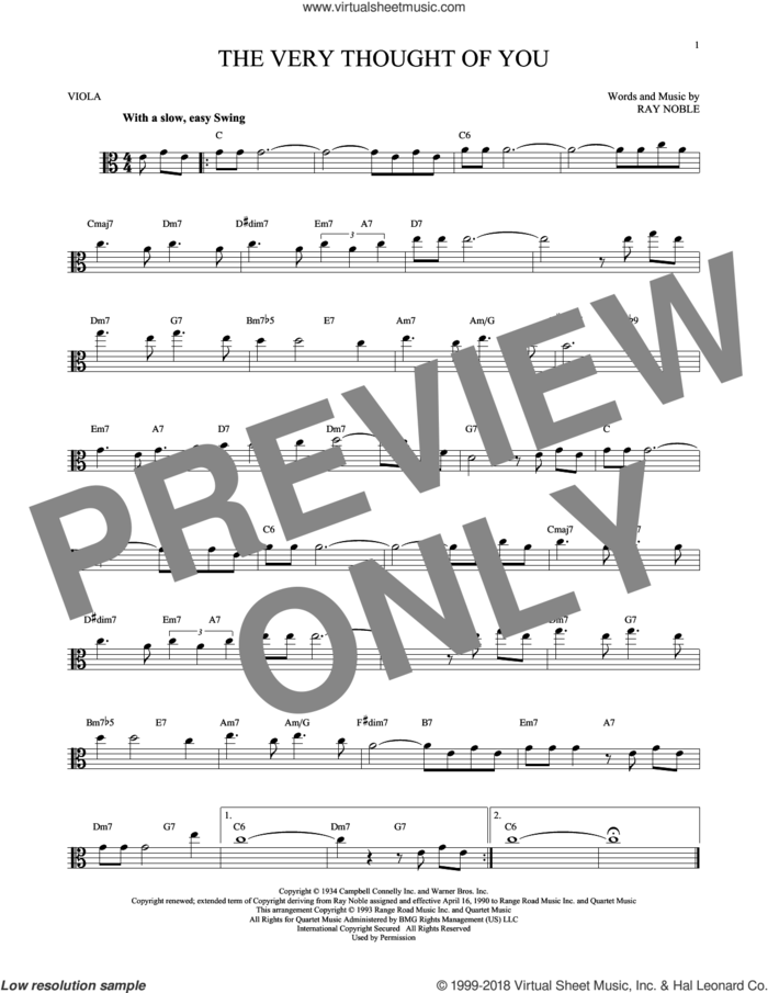 The Very Thought Of You sheet music for viola solo by Ray Noble, intermediate skill level