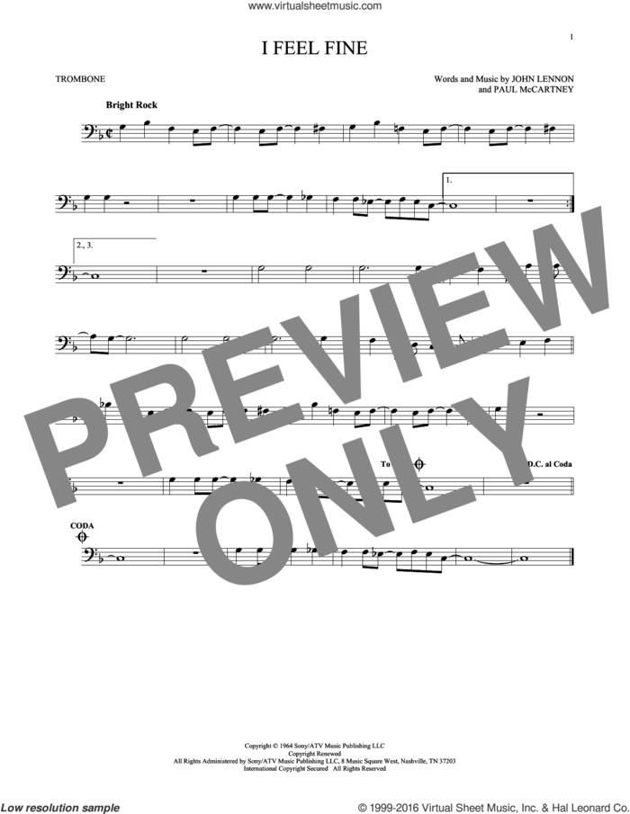 I Feel Fine sheet music for trombone solo by The Beatles, John Lennon and Paul McCartney, intermediate skill level
