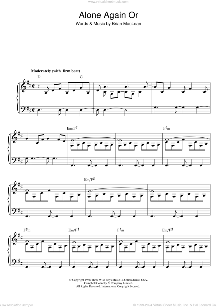 Alone Again Or sheet music for voice and piano by Love and Brian MacLean, intermediate skill level