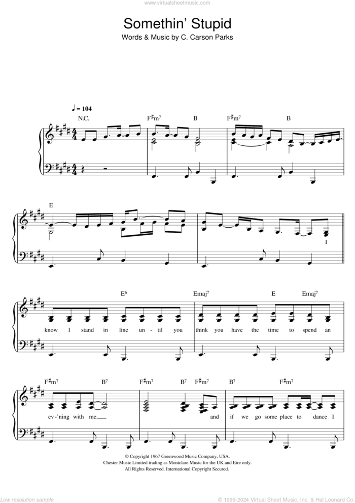 Somethin' Stupid sheet music for voice and piano by Frank Sinatra, Nancy Sinatra, Nicole Kidman, Robbie Williams and C. Carson Parks, intermediate skill level