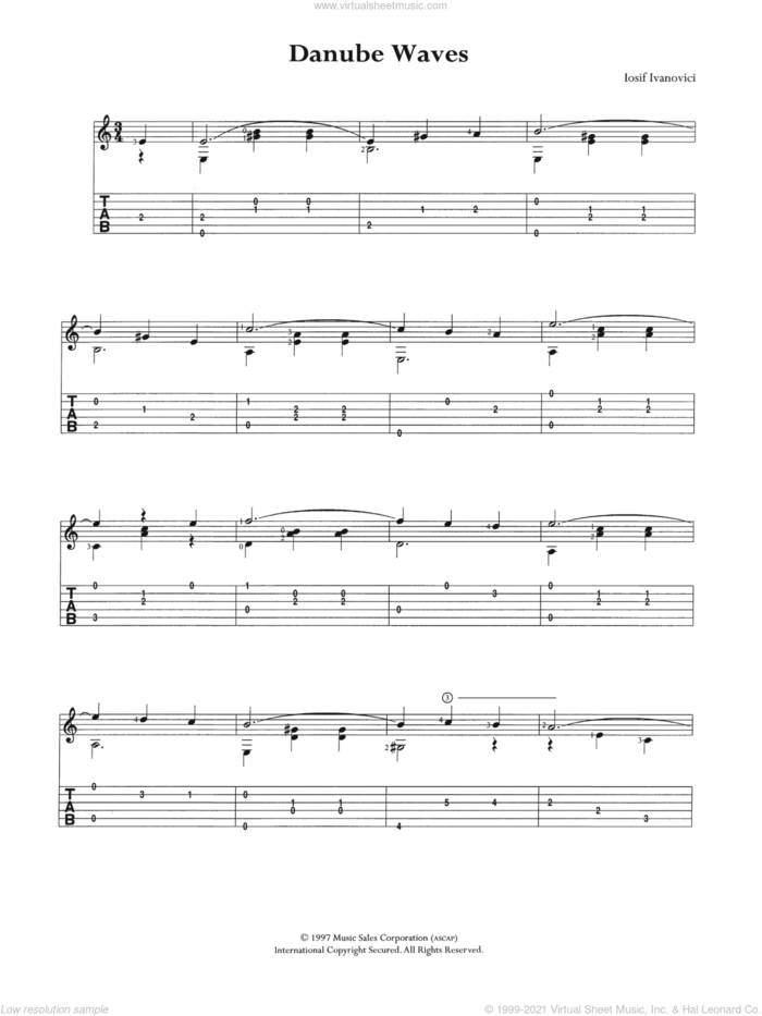 Danube Waves sheet music for guitar (tablature) by Iosif Ivanovici, classical score, intermediate skill level