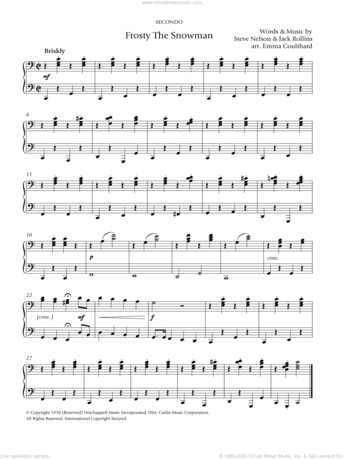 Frosty The Snowman sheet music for piano solo by Gene Autry, Emma Coulthard, The Ronettes, Jack Rollins and Steve Nelson, intermediate skill level