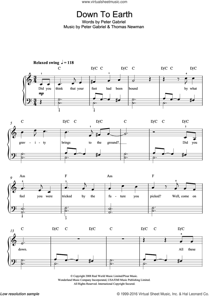Down To Earth (from WALL-E) sheet music for voice, piano or guitar by Peter Gabriel and Thomas Newman, intermediate skill level