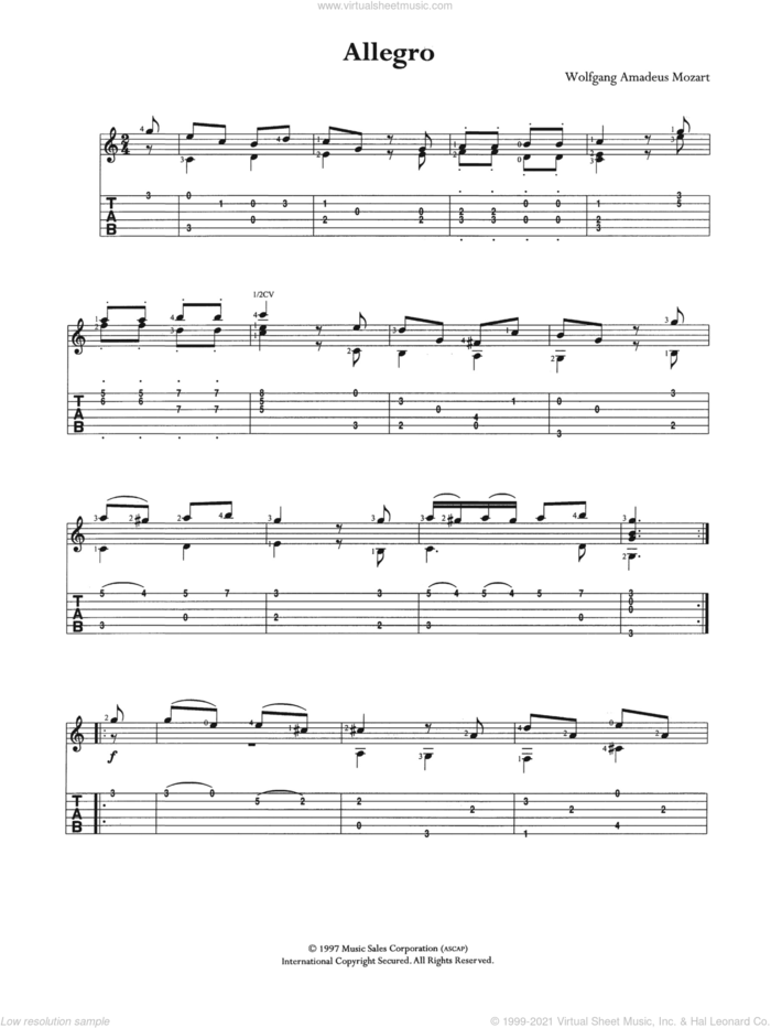 Allegro K3 sheet music for guitar (tablature) by Wolfgang Amadeus Mozart, classical score, intermediate skill level