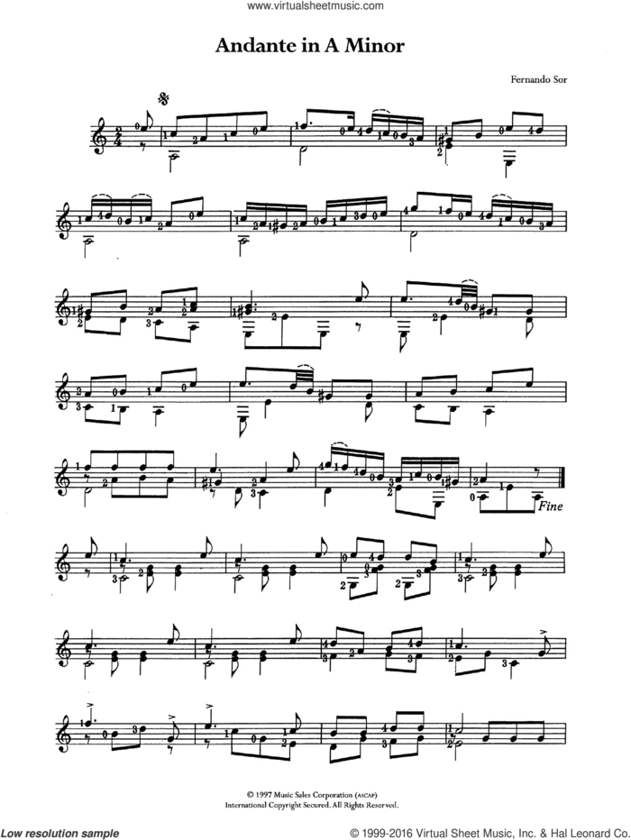 Andante In A Minor sheet music for guitar solo (chords) by Fernando Sor, classical score, easy guitar (chords)