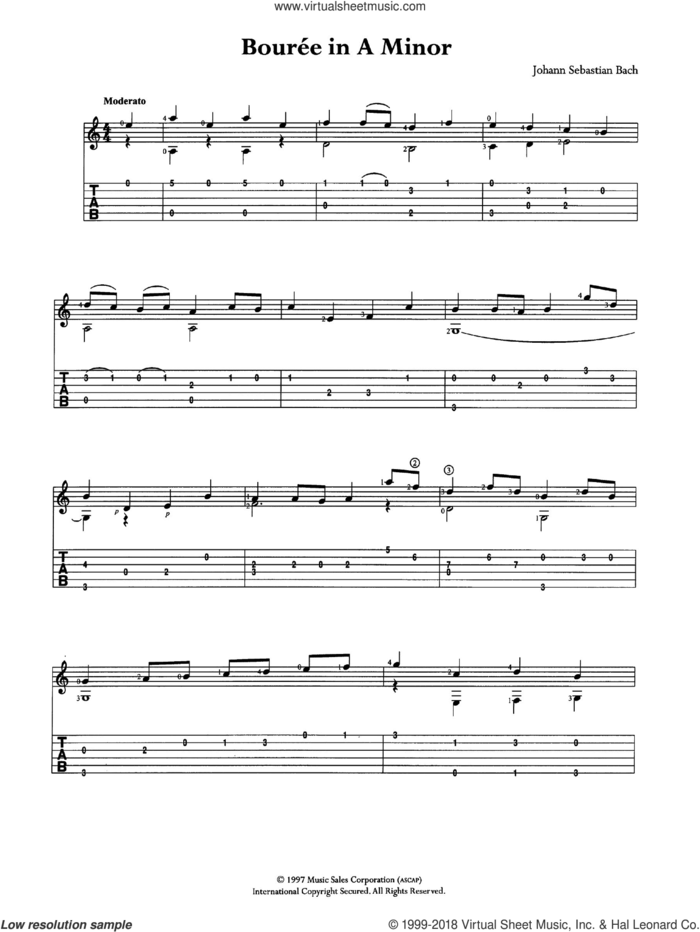 Bouree in A Minor sheet music for guitar (tablature) by Johann Sebastian Bach, classical score, intermediate skill level
