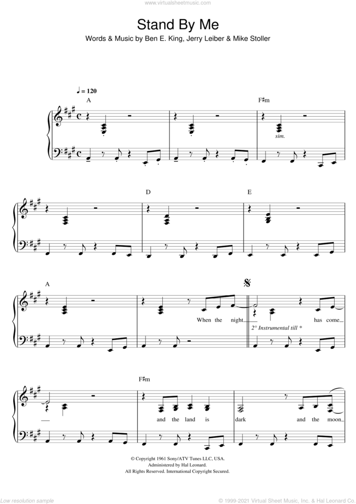 Stand By Me sheet music for voice and piano by Ben E. King, Jerry Leiber and Mike Stoller, intermediate skill level