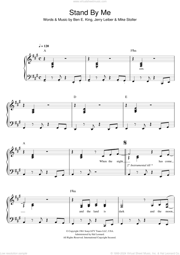 Stand By Me sheet music for voice and piano by Ben E. King, Jerry Leiber and Mike Stoller, intermediate skill level