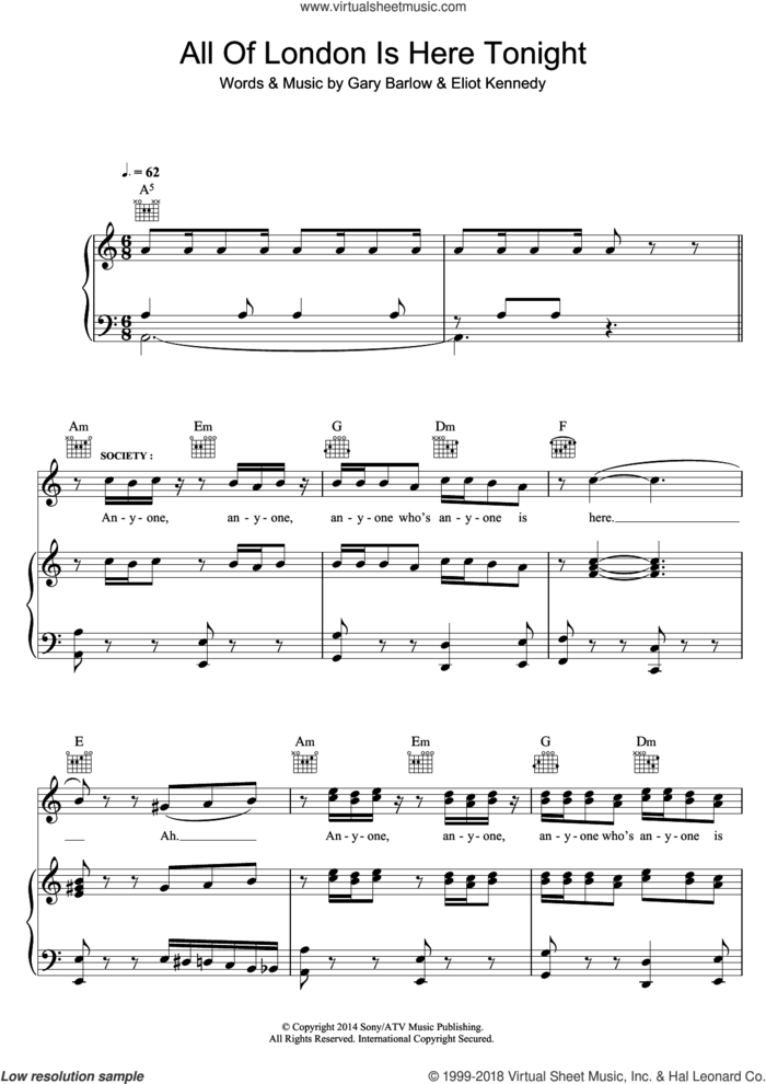 All Of London Is Here Tonight (from 'Finding Neverland') sheet music for voice, piano or guitar by Eliot Kennedy and Gary Barlow, intermediate skill level