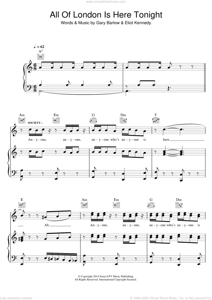 All Of London Is Here Tonight (from 'Finding Neverland') sheet music for voice, piano or guitar by Eliot Kennedy and Gary Barlow, intermediate skill level