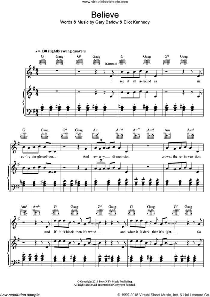 Believe (from 'Finding Neverland') sheet music for voice, piano or guitar by Eliot Kennedy and Gary Barlow, intermediate skill level