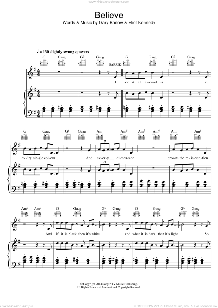 Believe (from 'Finding Neverland') sheet music for voice, piano or guitar by Eliot Kennedy and Gary Barlow, intermediate skill level