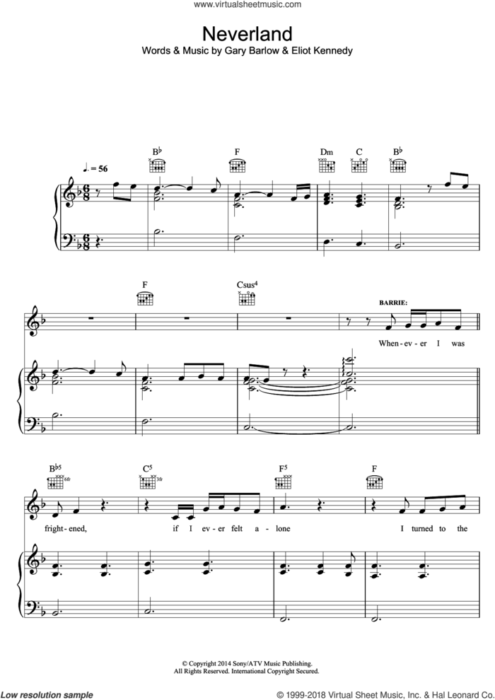 Neverland (from 'Finding Neverland') sheet music for voice, piano or guitar by Eliot Kennedy and Gary Barlow, intermediate skill level