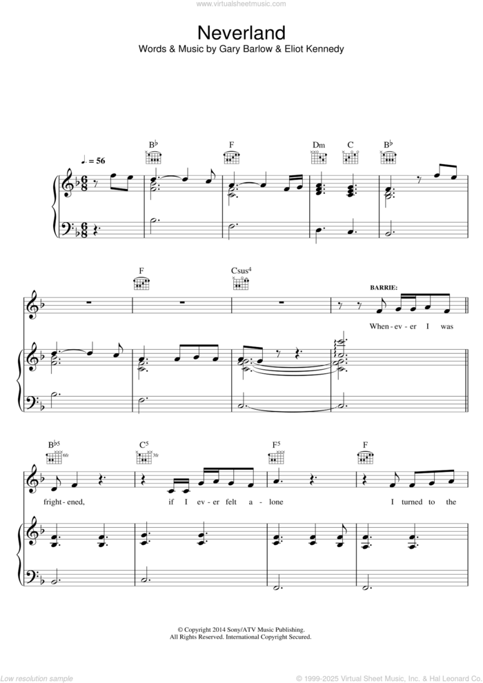 Neverland (from 'Finding Neverland') sheet music for voice, piano or guitar by Eliot Kennedy and Gary Barlow, intermediate skill level