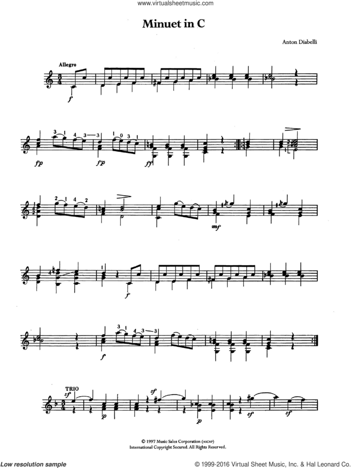 Minuet In C sheet music for guitar solo (chords) by Antonio Diabelli, classical score, easy guitar (chords)