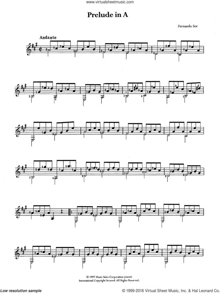 Prelude In A sheet music for guitar solo (chords) by Fernando Sor, classical score, easy guitar (chords)